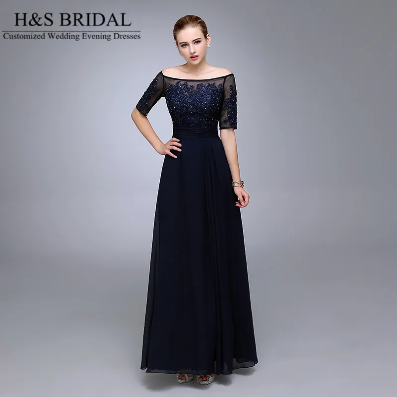 Navy Blue Formal Dress: Chiffon Evening Gown With Half Sleeves ...
