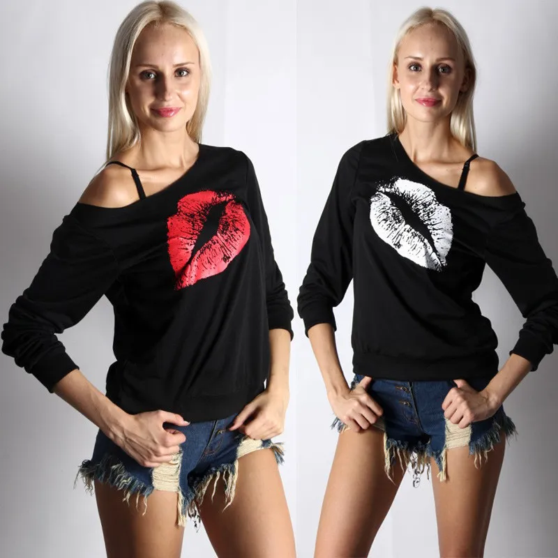 Womens Off One Shoulder Lips Sweatshirt Sweater Jumper T Shirt Tops Blouse Lips Off Shoulder Oversized Pullover Sweater Top Blouses Jumper