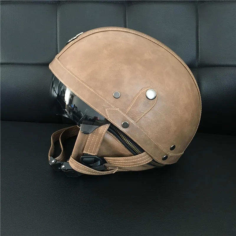 Duitse Stijl Lederen Vintage Open Gezicht Retro Halve Helm Retro Straat Motorhelm Met Bril Chopper Piloot Bromfiets Scooterhelm Voor Heren Dames, ECE-Goedgekeurd E,M