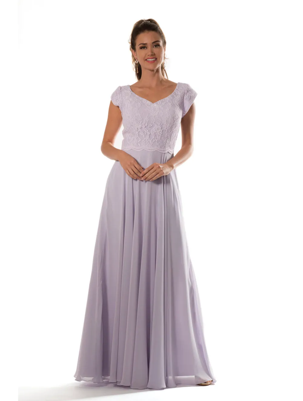 Lilac Long Modest Bridesmaid Dress with Cap Sleeves and Lace Chiffon A-Line  Floor-Length from Dhgate Bridesmaid Dress - price 75.21