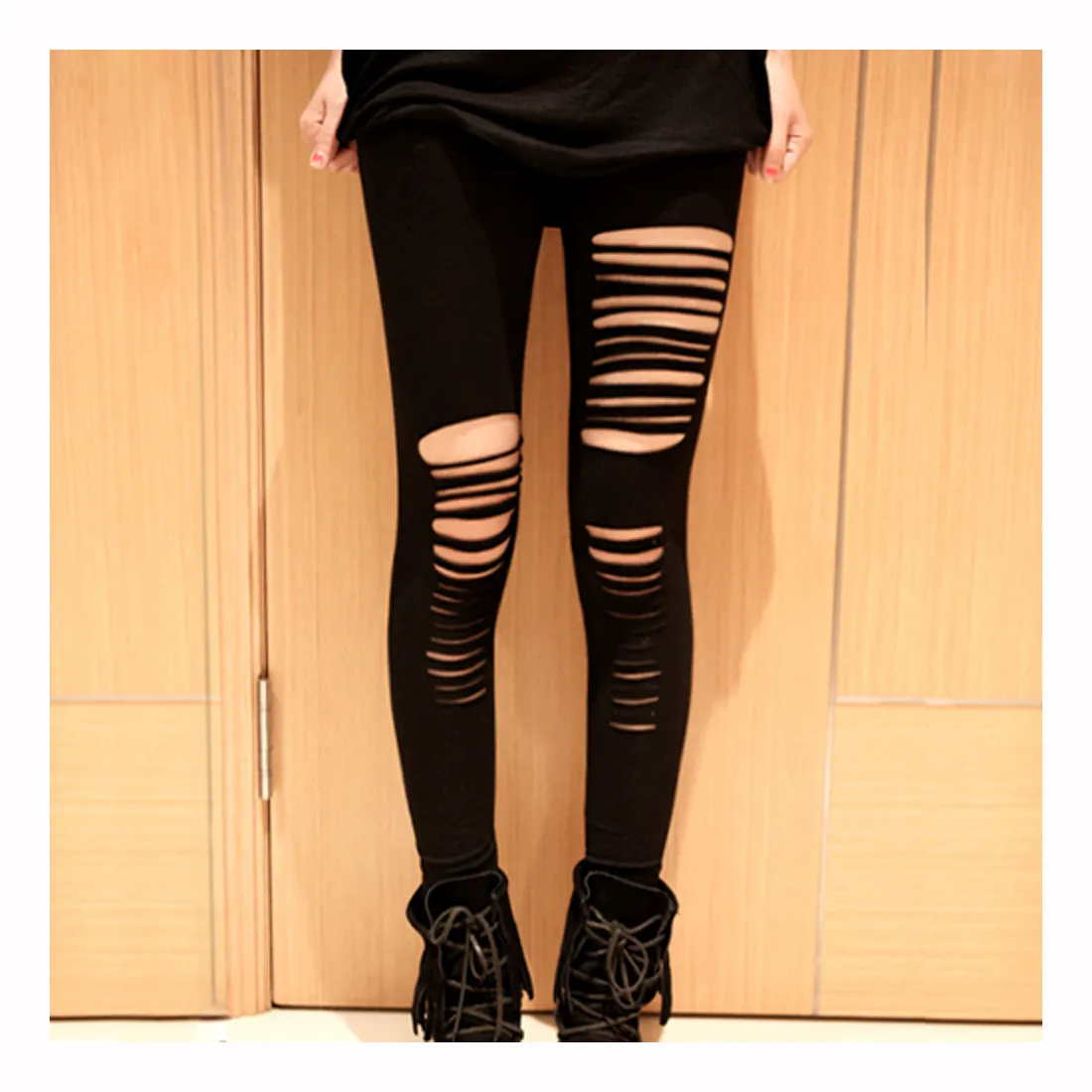 Wholesale Sexy Black Ripped Torn Slashed Black Cotton Leggings And Pants  For Women From Oott, $11.79