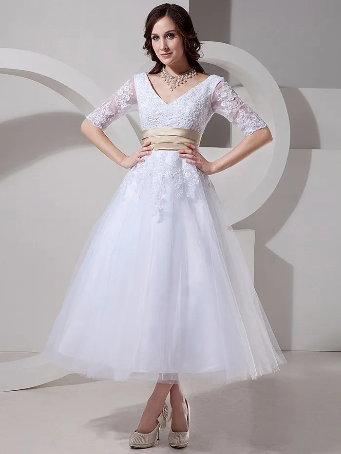 Champagne Sash Tea Length Mid Length Wedding Dress with Half Sleeves, V-Neck, 1/2 Sleeve, Lace Appliques, and Tulle A-Line Skirt
