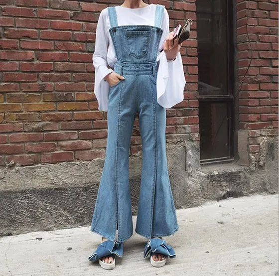 Womens High Waist Flare Jeans With Bib Overalls And Suspenders Wholesale  Dungaree Jumpsuit With Wide Leg And Side Open From Blueberry07, $45.12