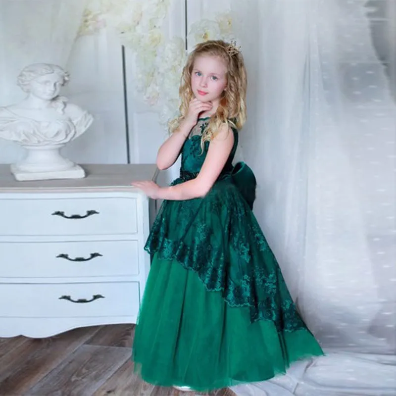 Long Green Lace Appliques Flower Girl Dresses For Weddings Pageant