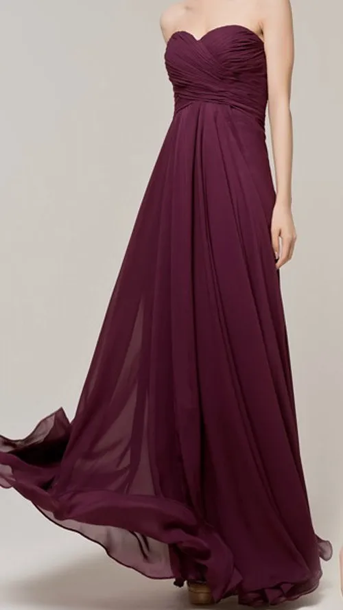 2022 Plum Purple Chiffon Strapless Bridesmaid Dress Simple Long