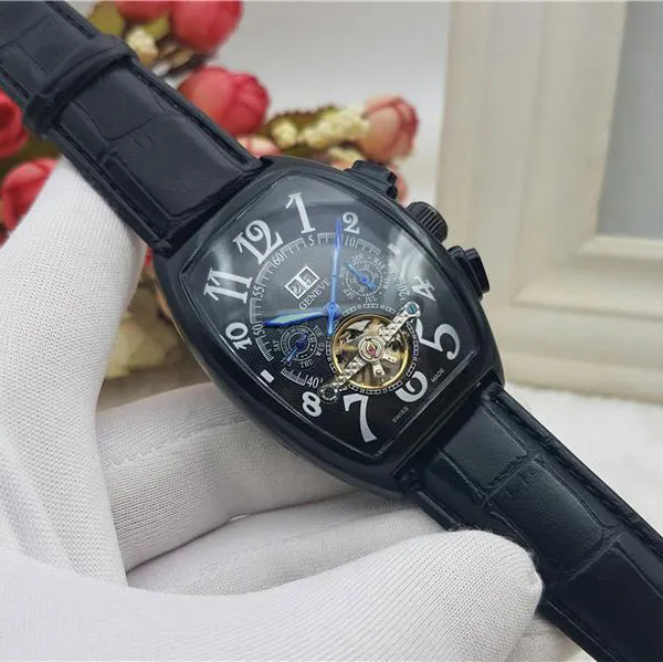 Save Big on Bulk Mens Bezel Watches Mens Automatic Mechanical Watch Black  Leather Strap Gold Bezel Big Wristwatch Week Day Date Luxury Business Watch  - Main Image