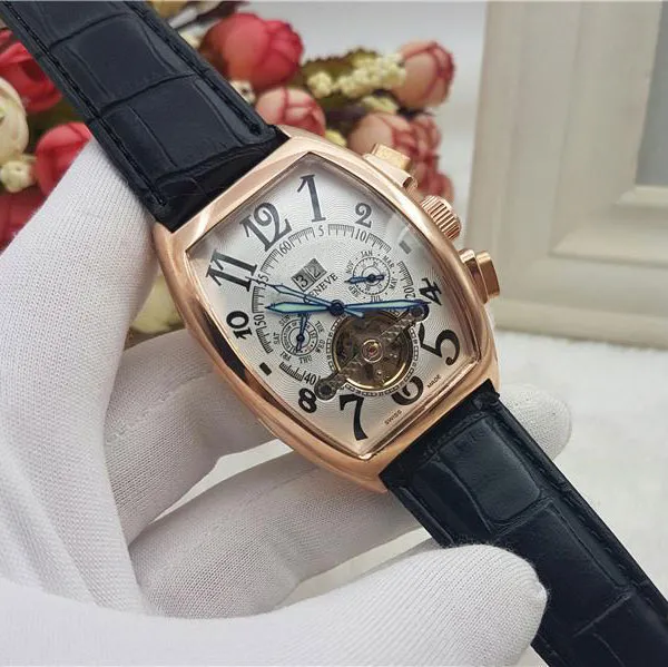 fashion Luxury Mens Watches business Watch Mechanical Automatic Top brand Designer Gold Bezel Big Wristwatches Month Week Day Date Leather Strap for