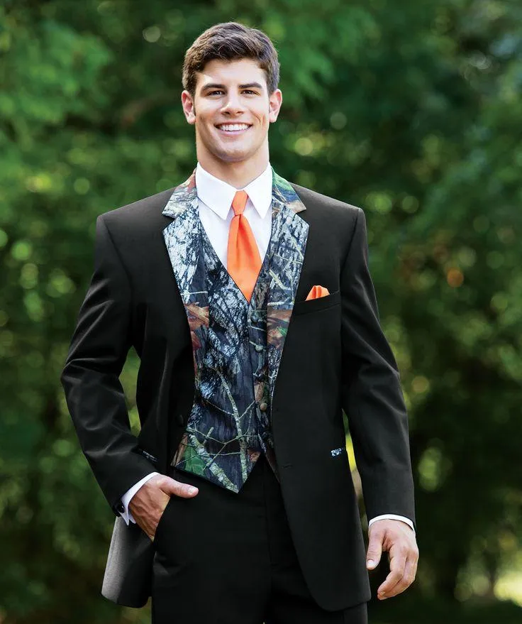 Black Groom Tuxedos 2024 Wedding Suit with Camo Vest and Orange Tie Wool Blend Two Button Classic Fit Mens Tuxedo