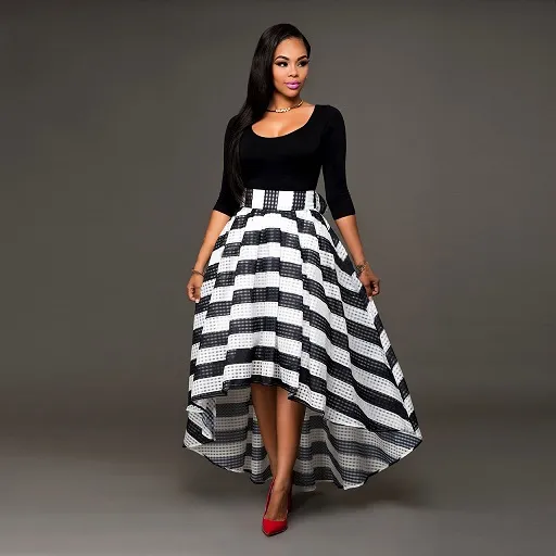 inderala Women Black and White Dresses Ankle Length Dress Two piece Suit Solid Color Long Sleeved O Neck T shirt And Striped Skirt