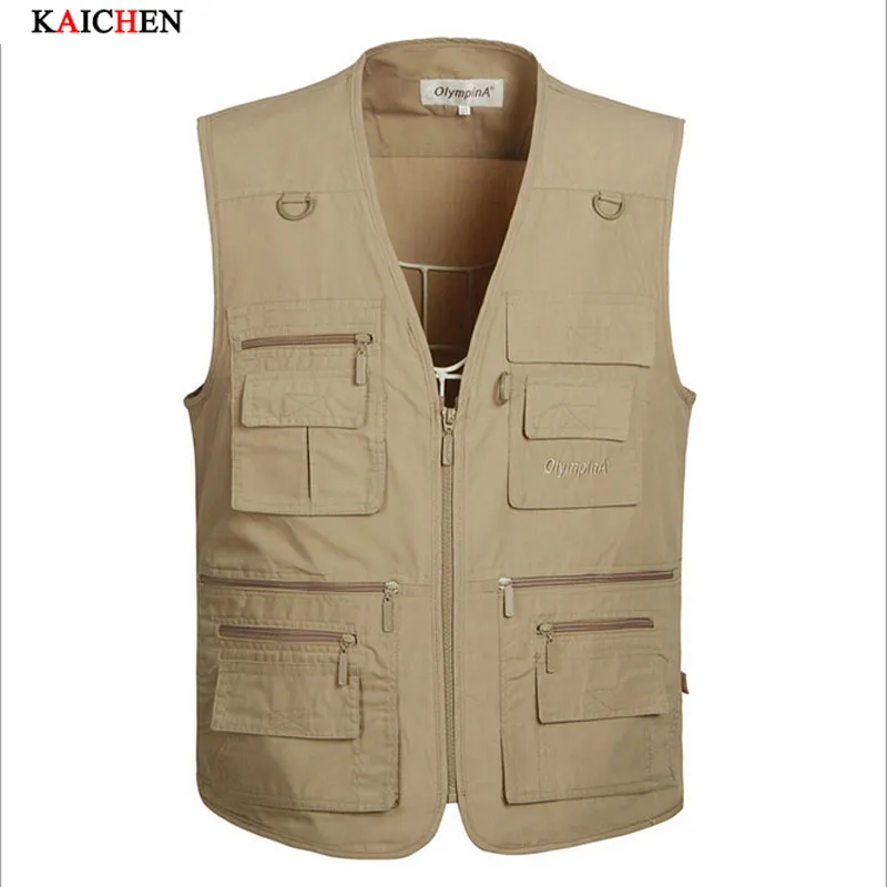 Vanchenl Casual Utility voor heren, reizen, vissen, vest, outdoor, werk, lichtgewicht, safari, foto, meerdere zakken vesten, Kaki, S