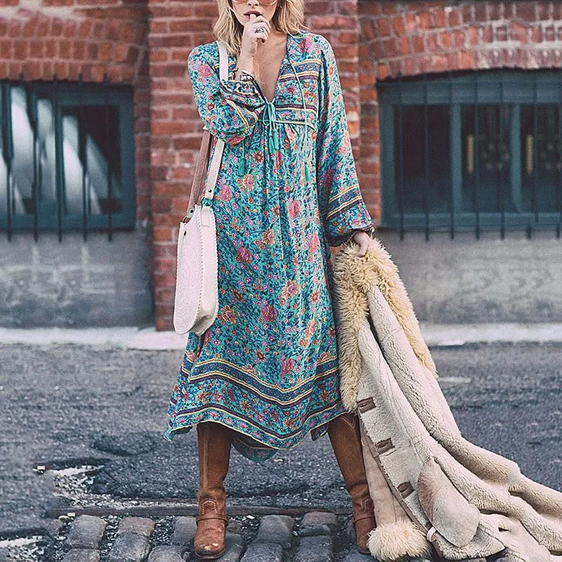 Long Sleeve Chiffon Dresses, Wholesale Clothing Women: Floral Print Chiffon  Maxi Dress V-Neck Boho Beach Sundress, Ladies' Kaftan Pullover,