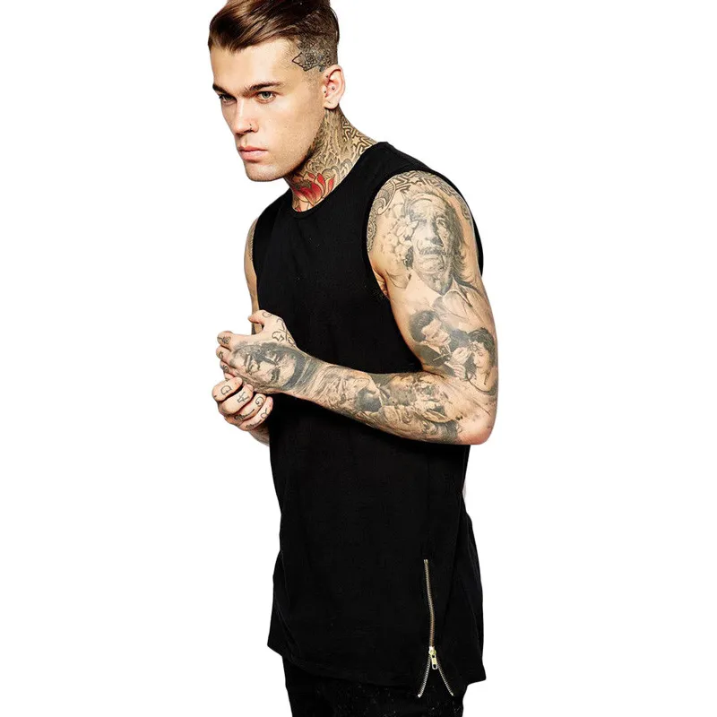 Wholesale New Tank Top Men 2017 Mens Fashion Zipper Extend Long Hip Hop Tank Top Casual Black White Sleeve Mens Singlet Vest XXL