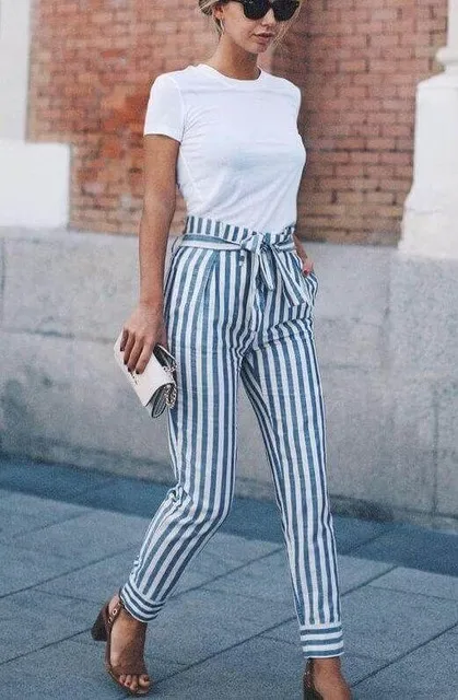 NEW Women Skinny Patchwork Striped Pants Women Pockets OL Style