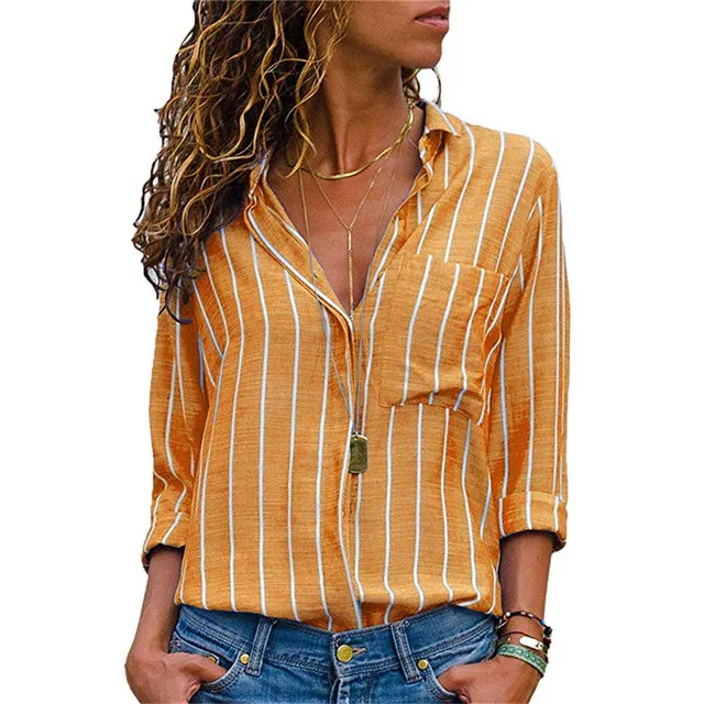 2019 Mujeres Tops Y Blusa Casual De Rayas De Manga Larga Blusa De