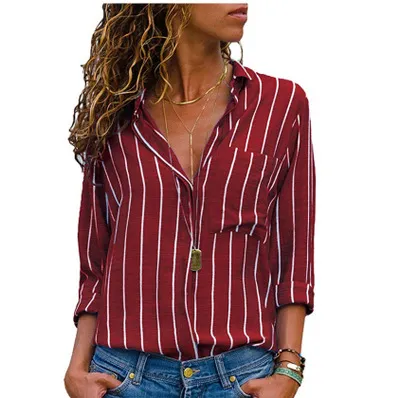 2019 Mujeres Tops Y Blusa Casual De Rayas De Manga Larga Blusa De