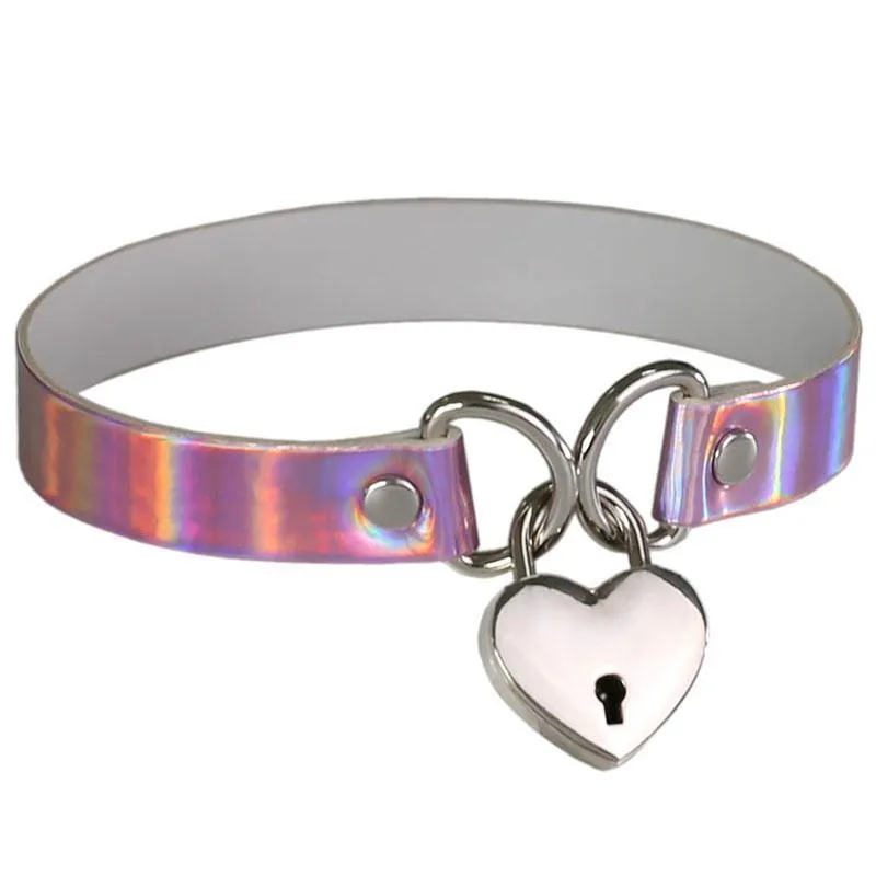 Purple Heart Lock Choker Love Heart Lock Laser PU Leather