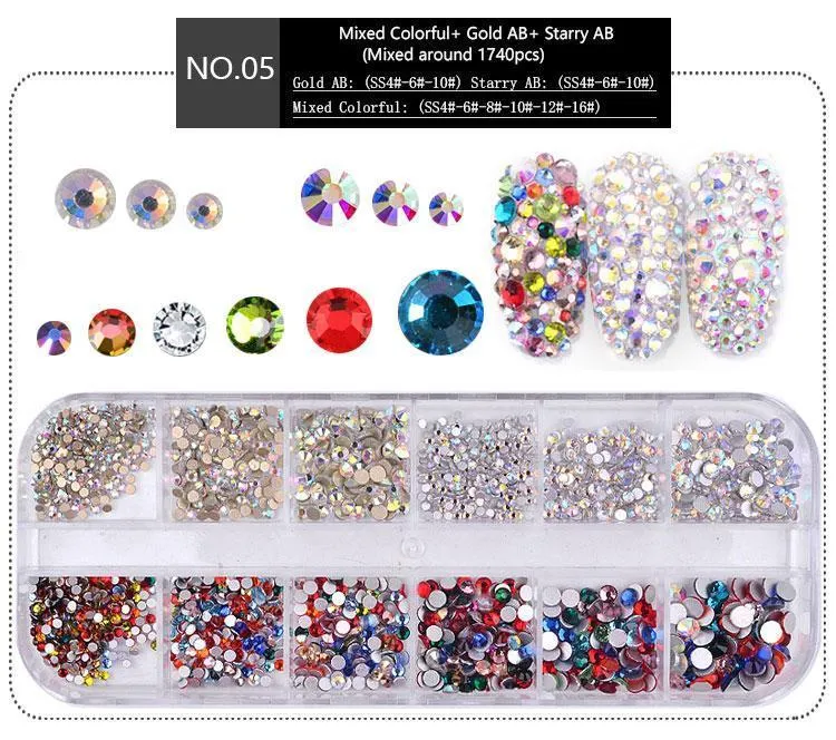 1440pcs/bag Multi-size Glass Nail Rhinestones For Nails Art Decorations  Crystals Partition Mixed Size Rhinestone