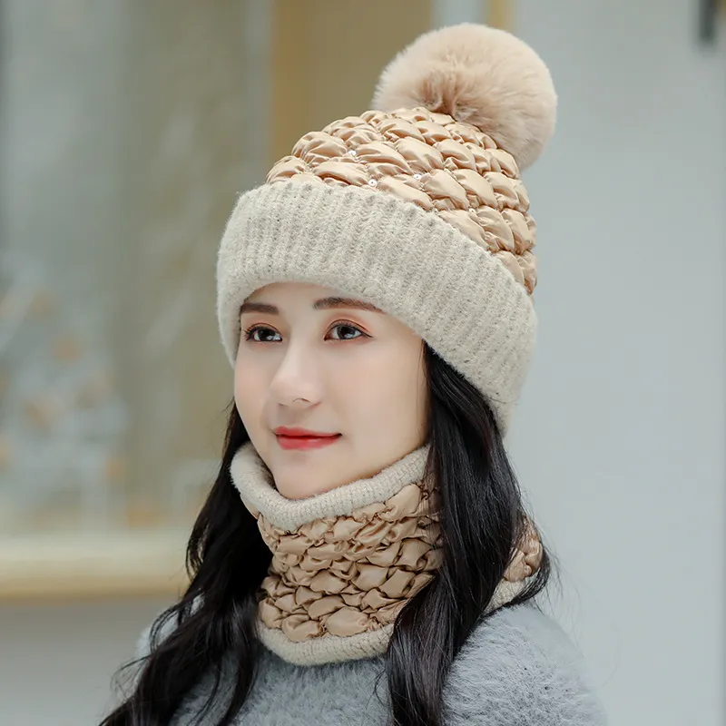 Womens Winter Hat Ski Big Fur Pom Poms Ball Sticked Hats Scarf Hat Set Winter Women Beanie Hat Warm Skullies Female Cap9711620