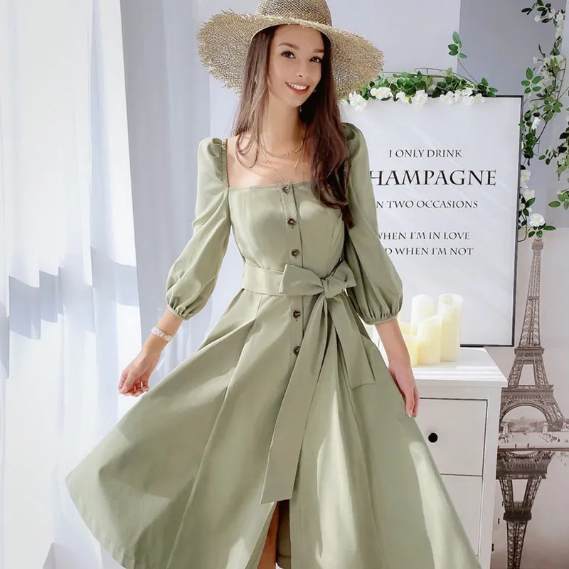 Bow Solid French Dress Women Elegant Vintage Solid Split Puff Half Sleeve Designer Midi Dress Chic Womens Clothing Autumn for