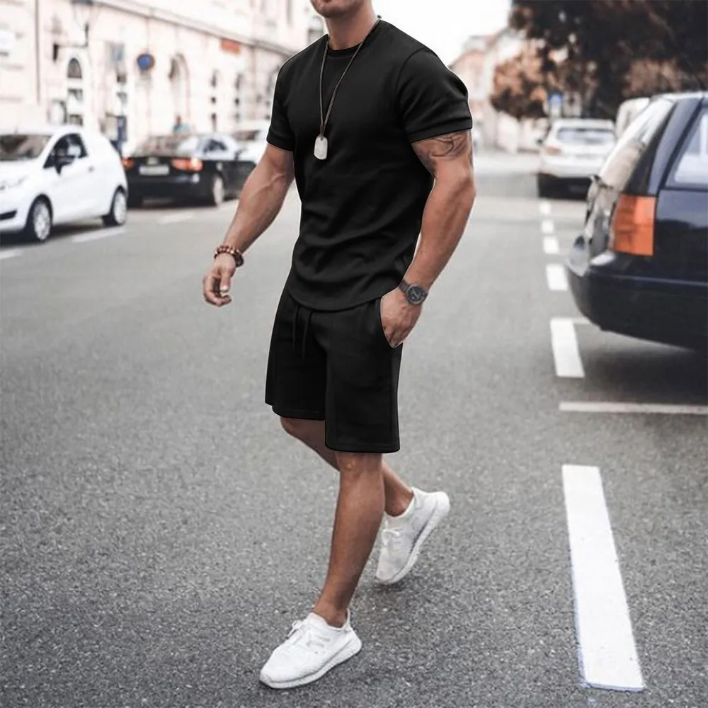 Mens Beach Two Pieces Set Shortwear Round Neck Jogging Set Summer