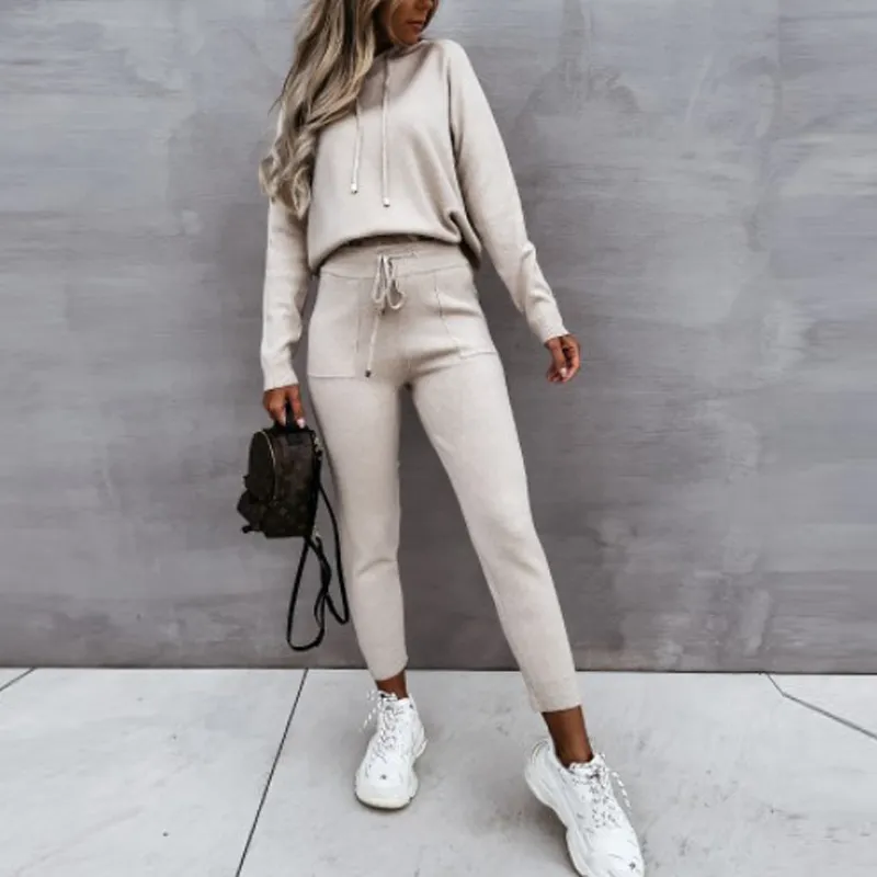 Female Solid Hooded Sweatshirt Long Pants Suit Fashion Tops Tracksuit Winter Slim Pencil Pants Women Casual 2 Piece Sets