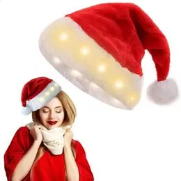 EGNMCR Chapeau de Cowboy de Noël avec Plumes et Lumières LED Chapeau de Cowboy Western Rouge Chapeau de Père Noël avec Lumières Garnies, Gift