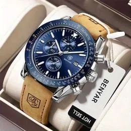Montre BENYAR Homme - Quartz, Cadran Argenté, Bracelet Cuir Brun - Neuf Avec étiquette