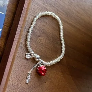 Bracelet Perles En Résine Rouge Sur Acier Inox Argenté - Longueur 16cm, Fermoir Mousqueton, Fille