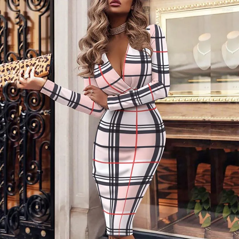 Sexy Bodycon Vintage Print Mini Vestido Mujer Otoño Invierno Houndstooth  Vestidos 2022 Moda Slim Deep V-Cuello Manga Larga Club Trajes Femme Casual  Robe