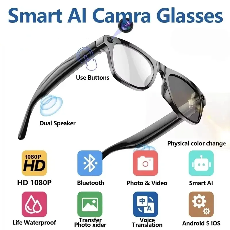 Lunettes Intelligentes AI UV Bluetooth - Traducteur 164 Langues, ChatGPT, Musique & Appels Pour Homme Et Femme