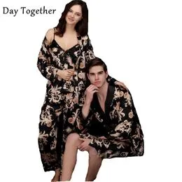  Conjunto de pijama de seda para mujer, bata de satén con  camisón de 2 piezas, ropa de dormir sexy de encaje, ropa de dormir kimono,  batas de dama de honor, Negro - 