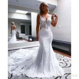 Robe De Mariage En Dentelle à Double Col En V Sans Manches Pour Femme