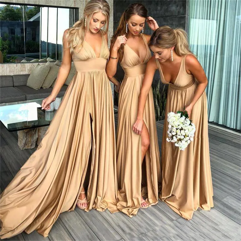 Champagne V-Neck Mermaid long gold bridesmaid dresses with Crystal Beads and Side Split - Blue, Plus Size, Perfect for Weddings and Formal Events Champagne V-Neck Mermaid long gold bridesmaid dresses with Crystal Beads and Side Split - Blue, Plus Size, Perfect for Weddings and Formal Events