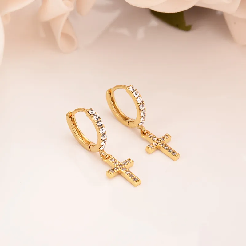 Orecchini a goccia a forma di croce in oro con zirconi per donna_voghion.com