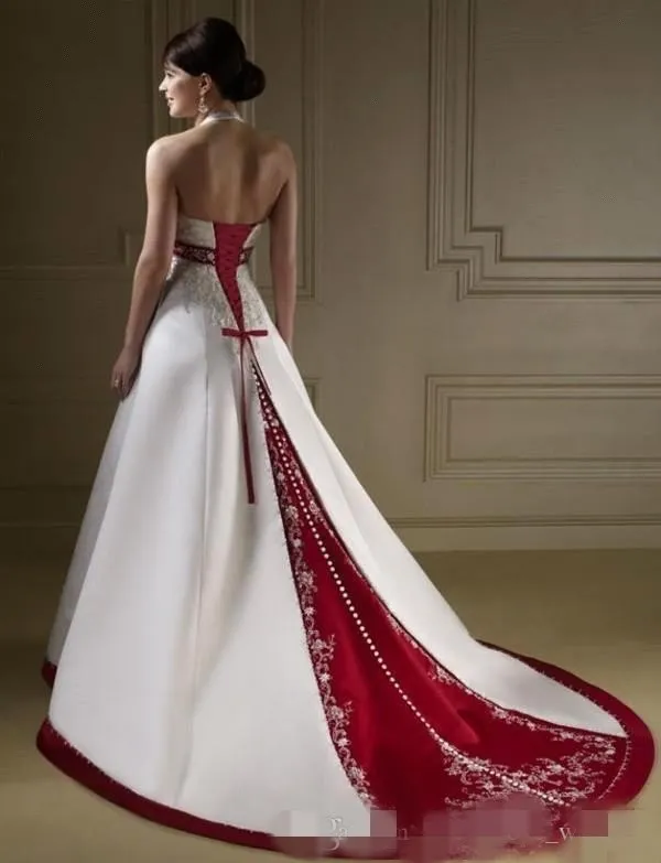 red and ivory dress Fancy Red Lace Ivory Satin V-neck Wedding Dress Red
