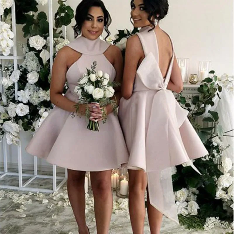 big bow bridesmaid dresses Ankle Length Halter Lace Applique Bridesmaid Dresses With Big Bow At Back A-line Formal Wedding Party Dresses main image 0