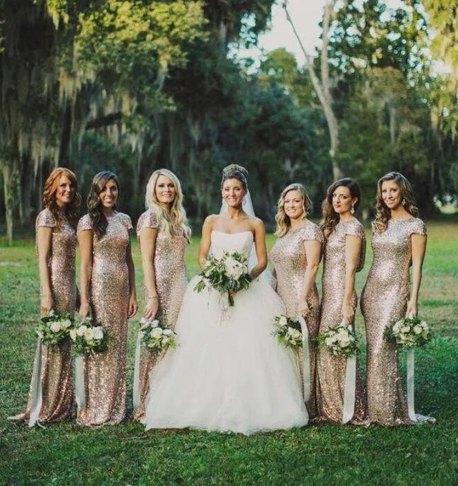 gold quinceanera dresses for damas Rose Gold Sequins Long Bridesmaid Dress Backless – TANYA BRIDAL main image 1