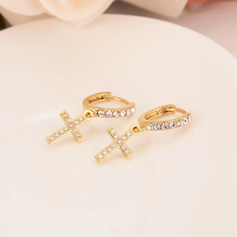 Orecchini a goccia a forma di croce in oro con zirconi per donna_voghion.com