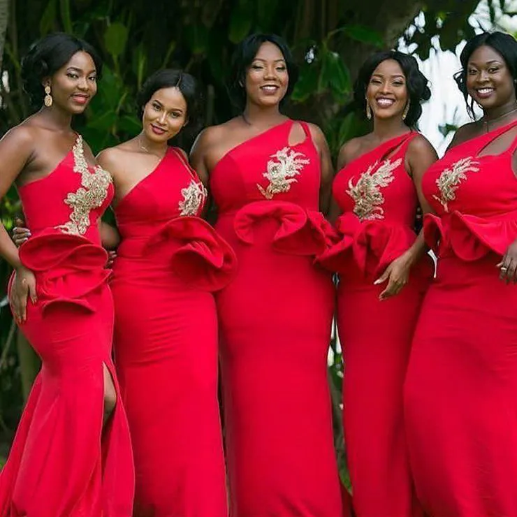 Custom One Shoulder Red bridesmaid dresses with Keyhole Lace Applique, Peplum, Mermaid Style, Front Slit, and Made of Honor Gown - Style 5j1 2024 Custom One Shoulder Red bridesmaid dresses with Keyhole Lace Applique, Peplum, Mermaid Style, Front Slit, and Made of Honor Gown - Style 5j1 2024