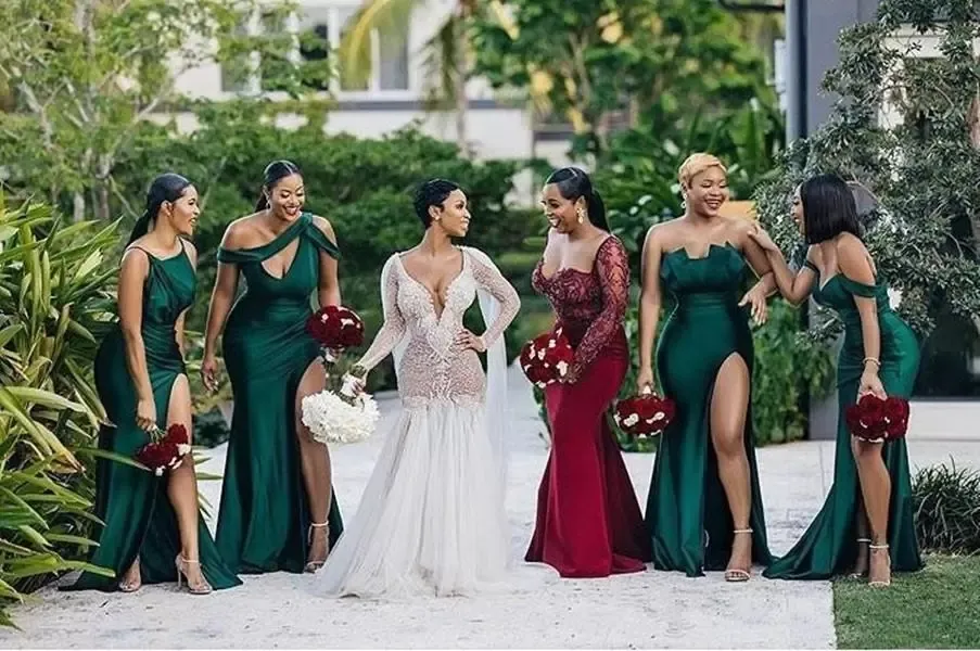 Emerald Green Side Split Emerald Satin Bridesmaid Dresses with Difference Neckline - Custom Made for Wedding Party Guests - Plus Size (2024)