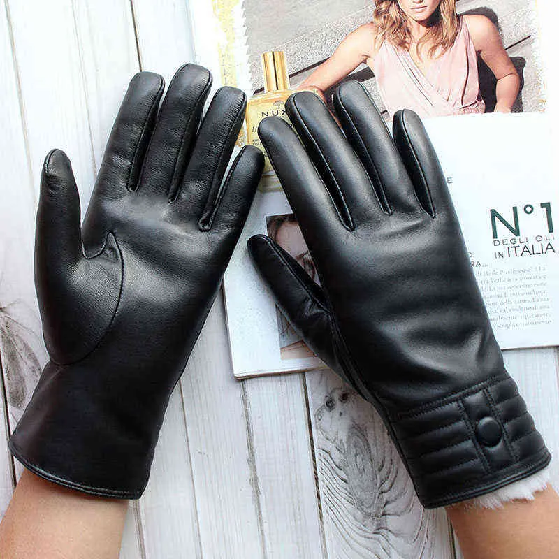 Winter Thickened Warmth Touch Screen Sheepskin Gloves Female Leather White Rabbit Fur Lining Outdoor Windproof Increase Finger 220112