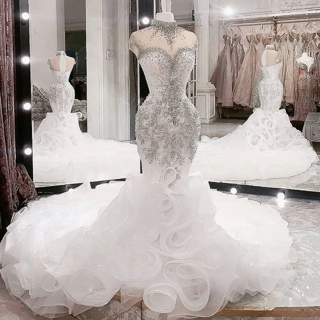Arabic Plus Size Mermaid Wedding Dress Diamonds with Beaded Crystals, Sheer High Neckline, Organza Ruffles, and Aso Ebi Silhouette