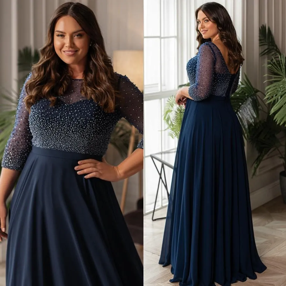 Navy Plus Size Prom Dress A-Line Floor-Length Chiffon Scoop Neck 3/4 Sleeve  Beaded from Dhgate Plus Size Special Occasion Dresses - price 223.2