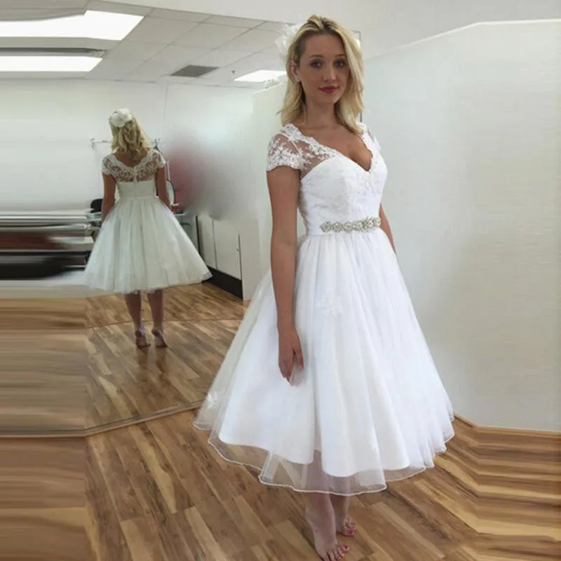 Custom Vintage Lace Short Sleeve Wedding Dress with Short Sleeves, V-Neck, Beaded Belt, and Tea-Length Hemline - Style 50s (Style 0431)