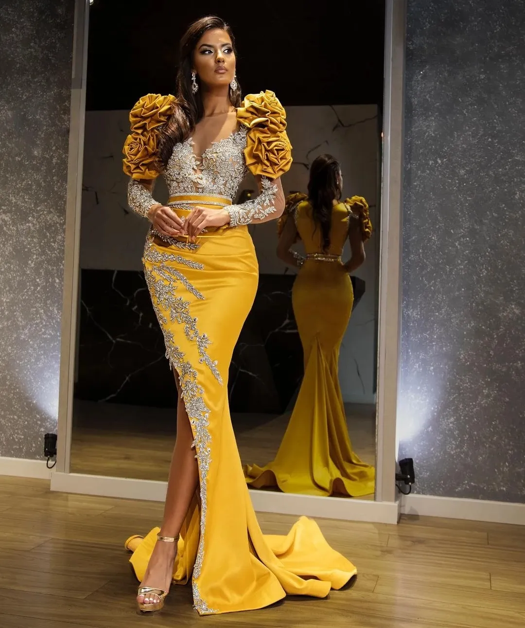 Elegant Yellow Lace Applique Yellow occasion dress with Sheer Neckline, Ruffle Long Sleeves, and Front Split - Plus Size Arabic Prom Party Gown (Style