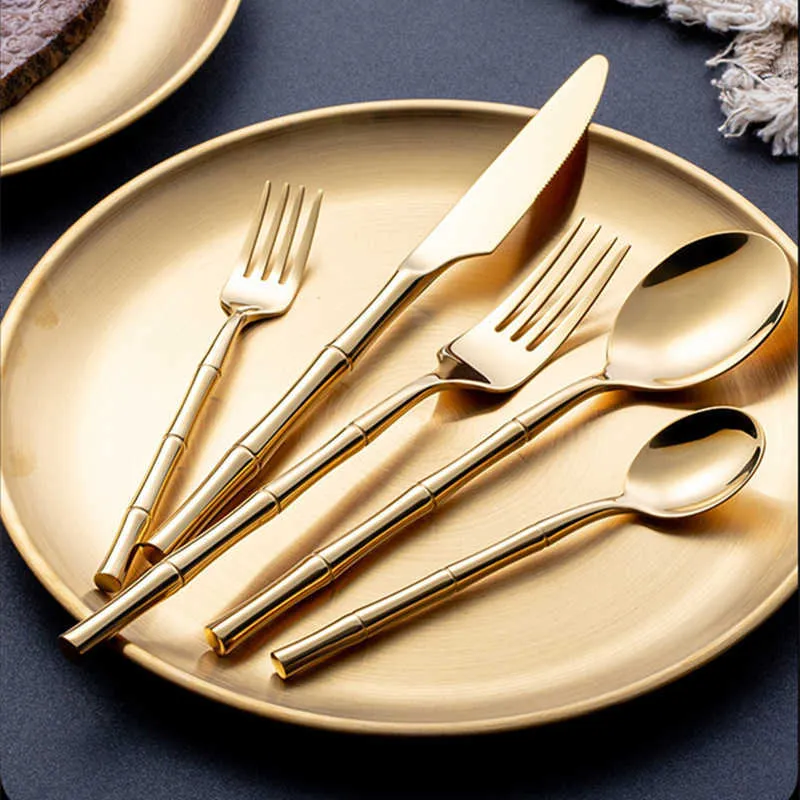 KuBac Hommi Cutlery Set Stainless Steel Steak Knife Fork Bamboo Design Golden Dinnerware Silver 210709