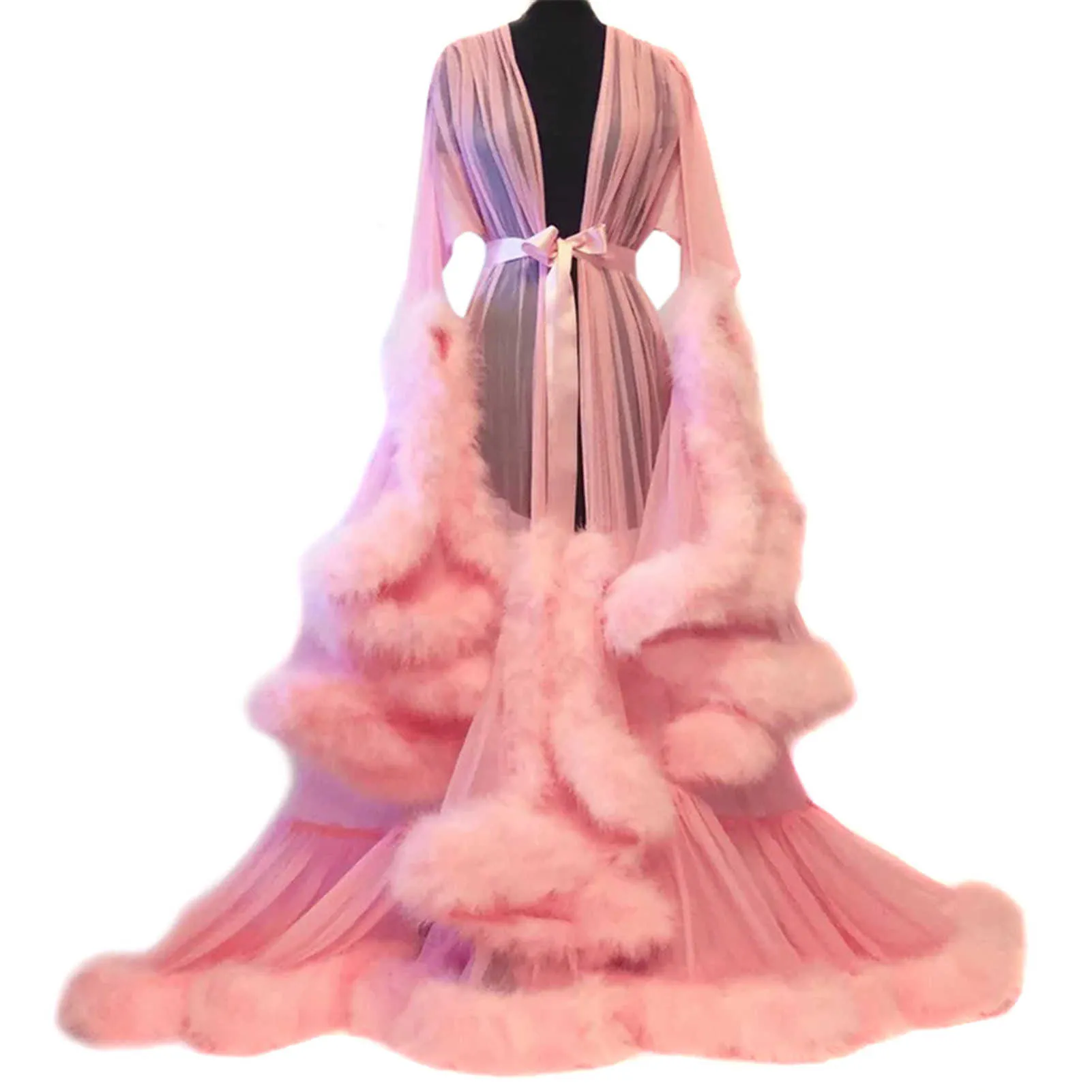 Solid Color Maternity Robes Women Long Dress Tulle Bathrobe Dresses Po Shoot Birthday Party Bridal Fluffy Sleepwear 210924