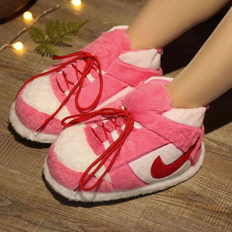 Red Lace-UP Women Slippers High Quality Cartoon Warm Waterproof Bottom Cotton Shoes Cute Non-Slip Winter Couples House Slides H1122