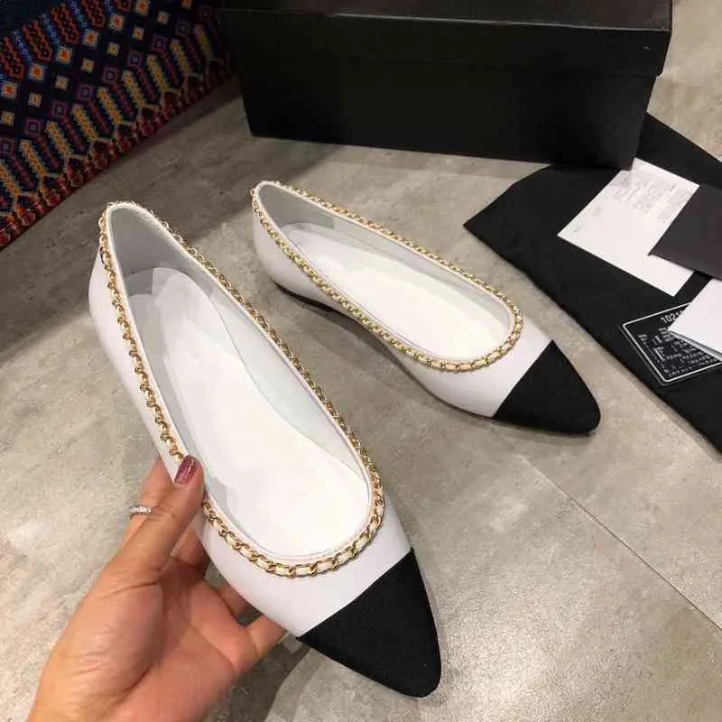 family small fragrance chain color matching light mouth leather single fairy style daily pointed flat scoop shoes