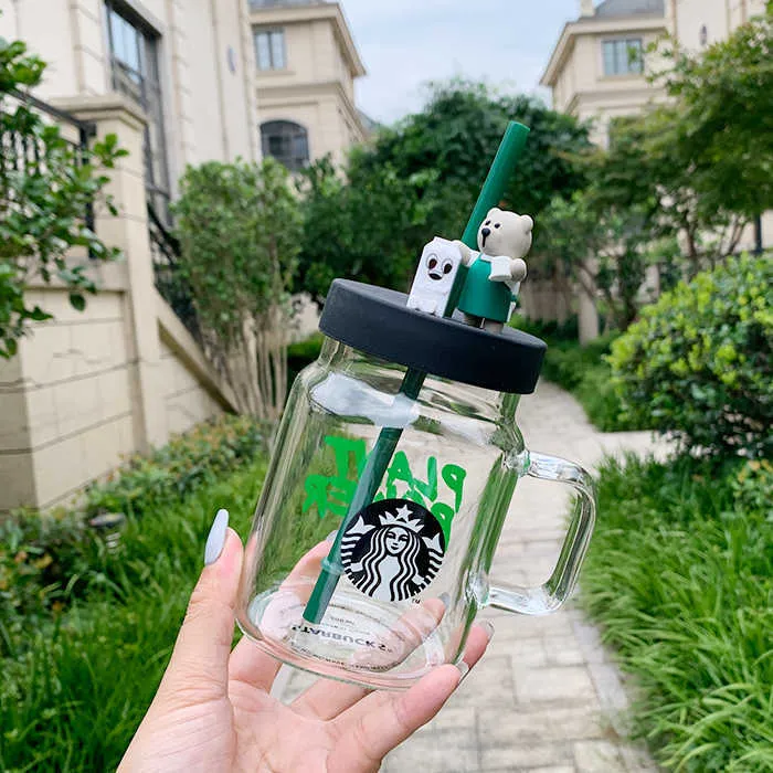 Starbucks 2020 cup environmental season green apron bear Mason cup straw transparent glass 600ml handy cup293f